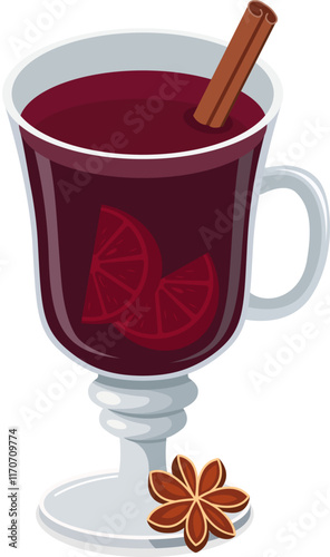 Mulled wine mug with orange slices, apple, anise and cinnamon stick. Mulled wine ingredients. Vector illustration in flat style