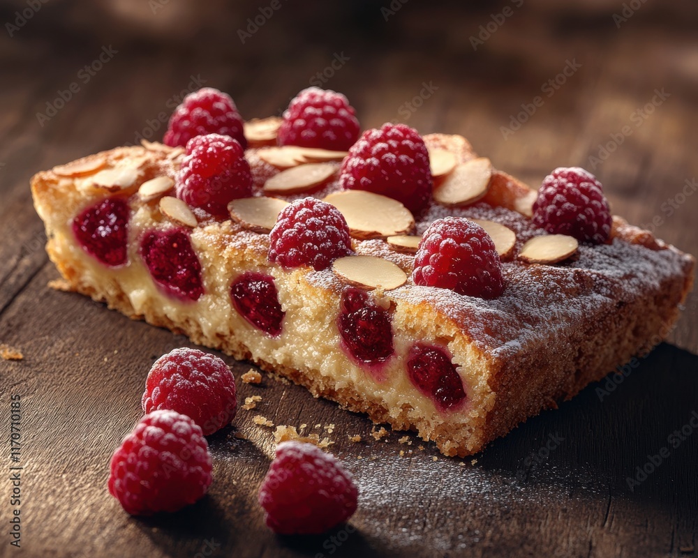 A delicious raspberry almond cake, beautifully garnished with fresh raspberries and almond slivers. A delicious raspberry almond cake, beautifully garnished with fresh raspberries and almond slivers.