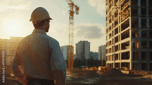 A man in a hard hat stands in front of a construction site