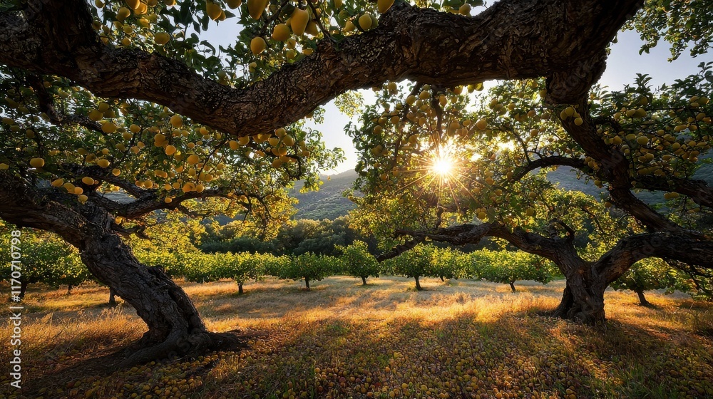 Sunlit serenity in an orchard lush fruit trees nature peaceful landscape golden hour beauty Sunlit serenity in an orchard lush fruit trees nature peaceful landscape golden hour beauty