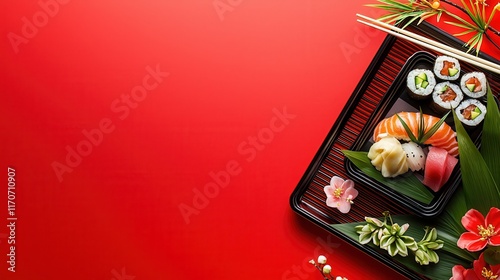 Exquisite sushi platter japan food presentation red background photo