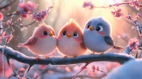 Cute birds perched on a branch surrounded by delicate blossoms in a serene winter landscape showcasing a cozy atmosphere