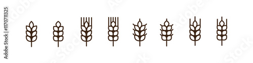 Wheat icon set. Outline wheat icon or wheat symbol. Barley spike or corn ear. Bakery, bread or agriculture logo concept. Line grain sign. Vector illustration. Vector Graphic. EPS 10