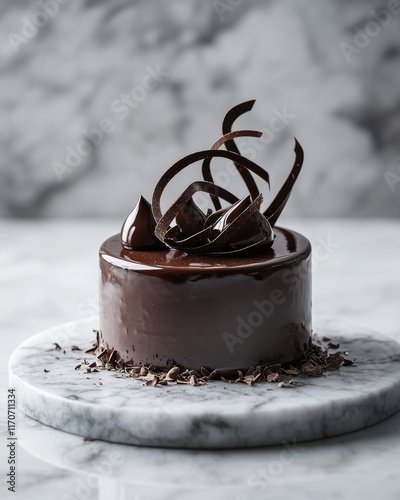 Fototapeta Naklejka Na Ścianę i Meble -  Delicious dark chocolate cake topped with elegant chocolate curls, set on a marble base.