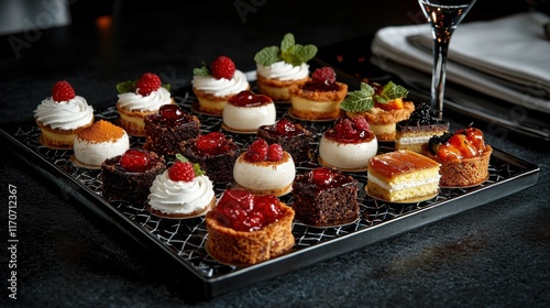 Delightful dessert sampler platter urban restaurant food elegant setting close-up culinary artistry