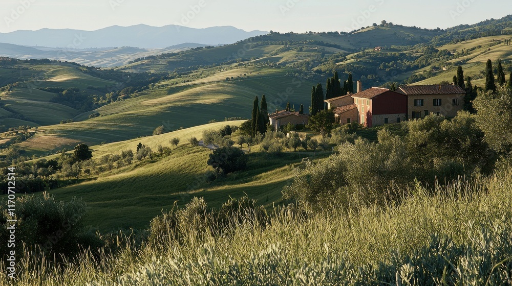 Idyllic traditional farmhouse surrounded by rolling hills tuscany landscape natural environment wide angle view Idyllic traditional farmhouse surrounded by rolling hills tuscany landscape natural environment wide angle view