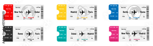 Airline ticket templates. Plane tickets illustration. Flight boarding pass collection. Airway ticket set. Airline coupons. Vector Illustration. Vector graphic. EPS 10