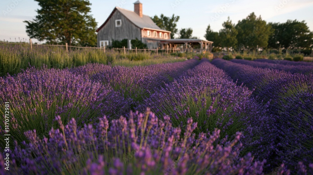 Vibrant lavender fields in full bloom near a cozy farmhouse scenic nature landscape tranquil evening view Vibrant lavender fields in full bloom near a cozy farmhouse scenic nature landscape tranquil evening view