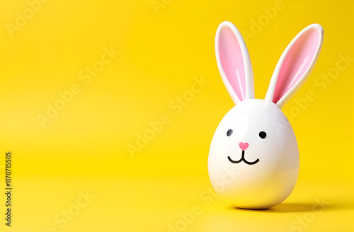 A cute bunny egg with delightful pink ears set against a vibrant yellow background perfect for Easter themes photo