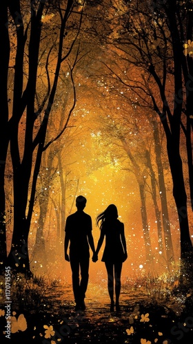 Wallpaper Mural Silhouetted Couple Walking Hand in Hand Through Enchanted Autumn Forest with Golden Light Torontodigital.ca