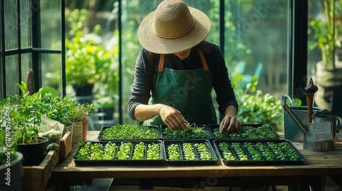 Focused Gardener Tending Seedlings in a Lush Greenhouse