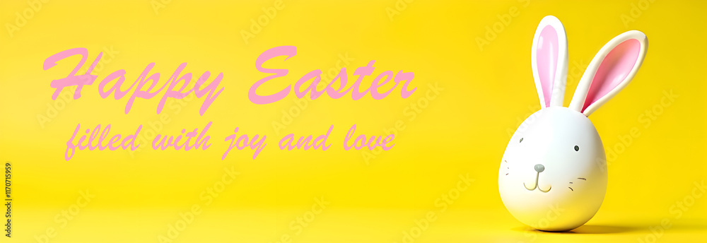 A cute bunny egg with delightful pink ears set against a vibrant yellow background perfect for Easter themes