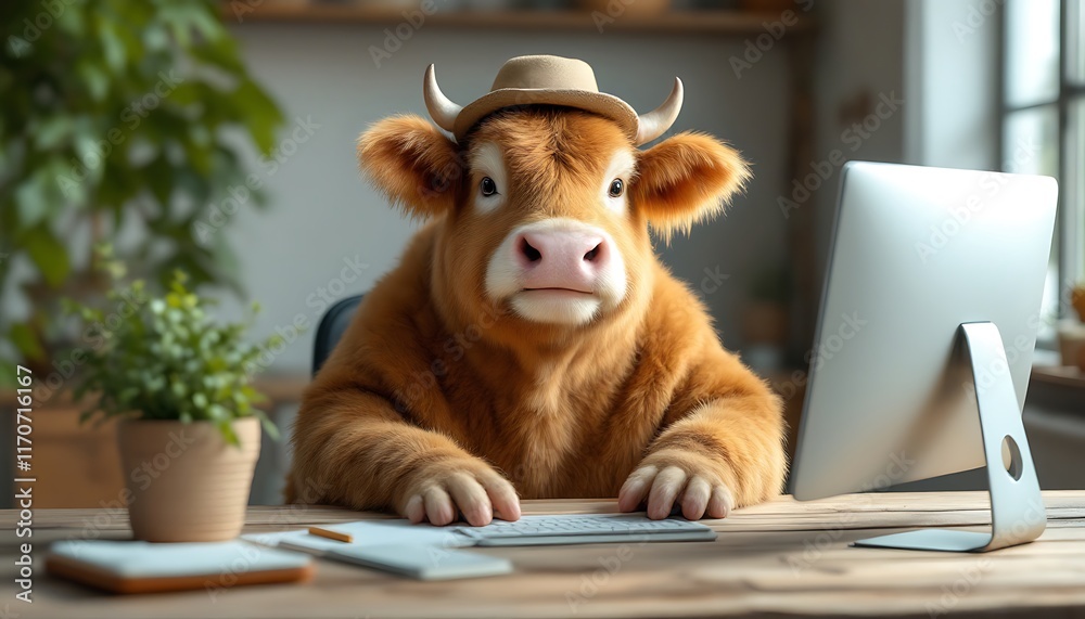 Fototapeta premium Highland Cow Working on Computer in Office