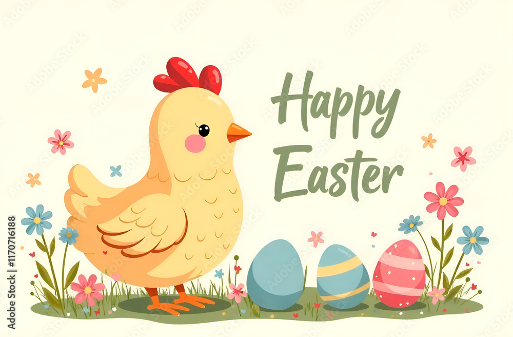 A delightful illustration shows a cute chick and colorful eggs joyfully celebrating Easter