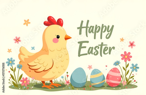 Obraz na płótnie A delightful illustration shows a cute chick and colorful eggs joyfully celebrating Easter w salonie