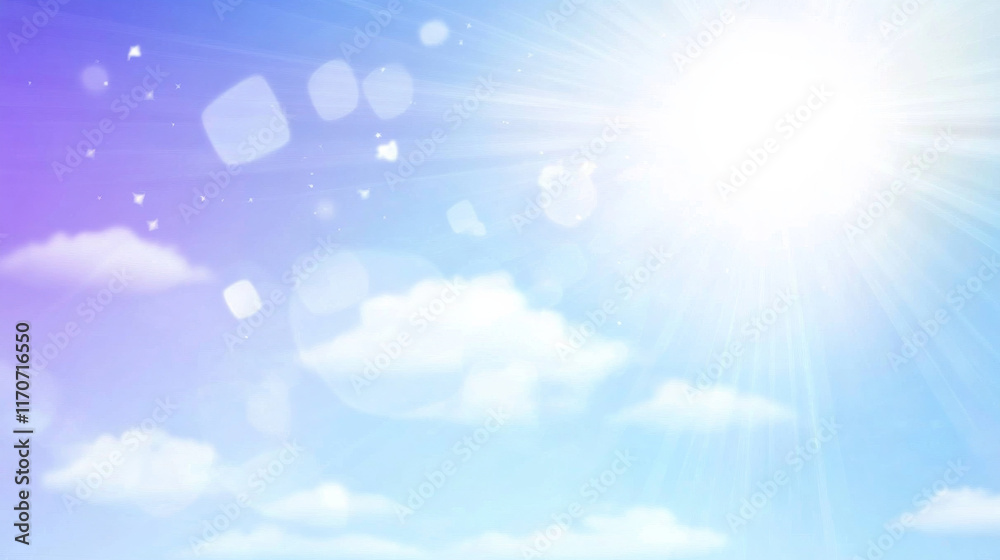 Bright sun and fluffy clouds in clear blue sky Bright sun and fluffy clouds in clear blue sky