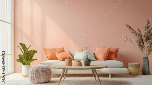 Inviting lounge space with pastel peach walls, a minimalist coffee table, and bright decor items enhancing the open feel.