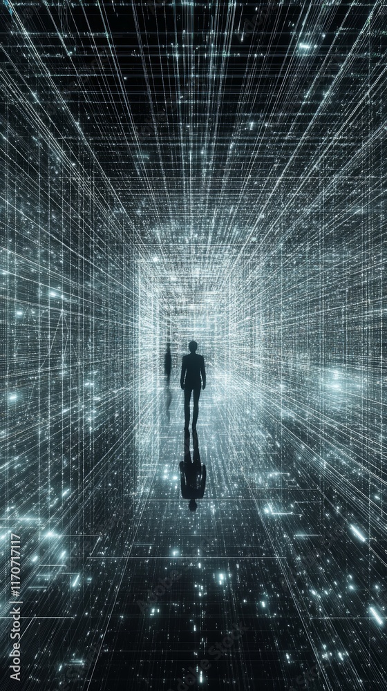 Intricate 3D Data Connections in a Digital Grid Structure with Silhouettes Intricate 3D Data Connections in a Digital Grid Structure with Silhouettes
