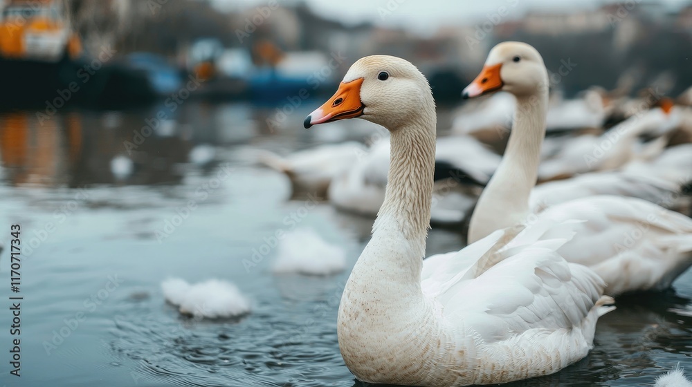 Global Warming Disease outbreak concept. A serene scene featuring white geese swimming in calm waters, surrounded by a tranquil environment. Global Warming Disease outbreak concept. A serene scene featuring white geese swimming in calm waters, surrounded by a tranquil environment.