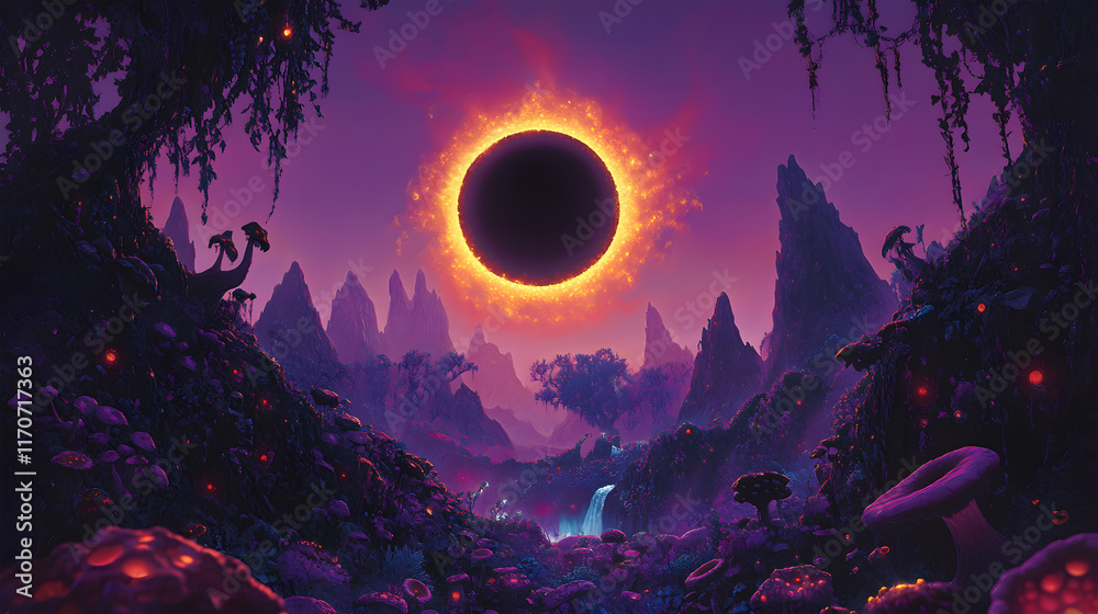 Obraz premium Fantasy landscape during a solar eclipse, with the darkened sun glowing a vivid purple and surrounded by a shimmering golden corona. An enchanted forest with glowing mushrooms, luminescent vines. 