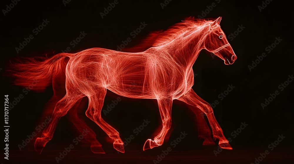A red horse in contour light is trotting freely. A red horse in contour light is trotting freely.