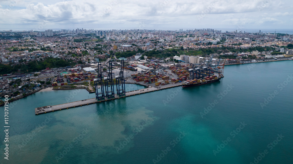 Fototapeta premium Industrial international harbor with container cranes and ship docked
