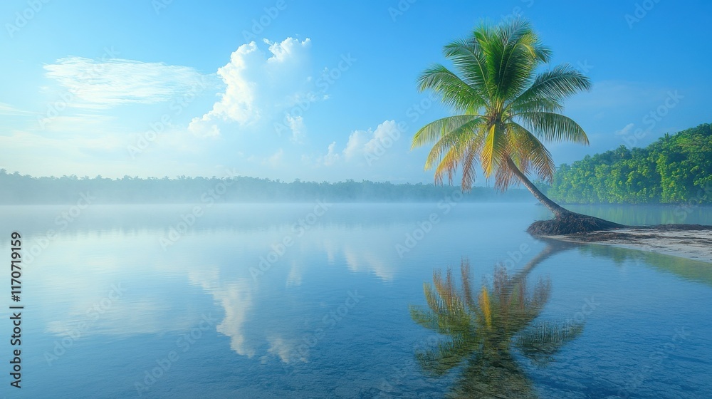 A serene tropical landscape with a palm tree reflecting in calm waters under a blue sky. A serene tropical landscape with a palm tree reflecting in calm waters under a blue sky.