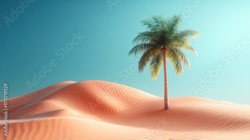 A serene desert landscape featuring a single palm tree against a clear blue sky.