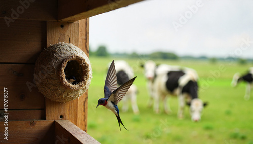 Swallow flying near its nest with cows in the background