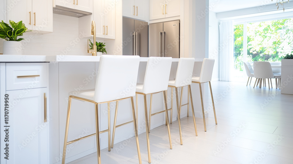 Fototapeta premium White modern kitchen with gold details featuring bar stools around a marble countertop, showcasing a sleek and stylish interior design