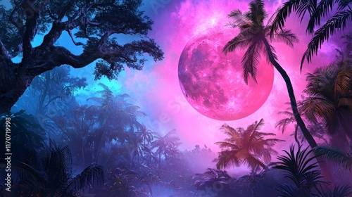 Surreal Night Jungle Landscape with Vibrant Full Moon and Lush Tropical Plants Under Mystical Pink Sky