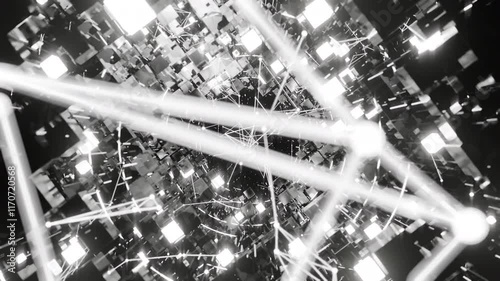 A geometric luminous sphere surrounded by platforms and lights in an abstract technological environment. Video loop seamless synchronized at 120 bmp