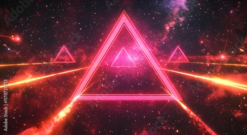 Neon red and pink triangles in the shape of an isosceles triangle, with laser beams shooting out from behind, against a dark background with stars and galaxies