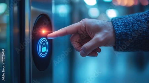 Elevator access control in a modern building with a user activating the system at night. Generative AI