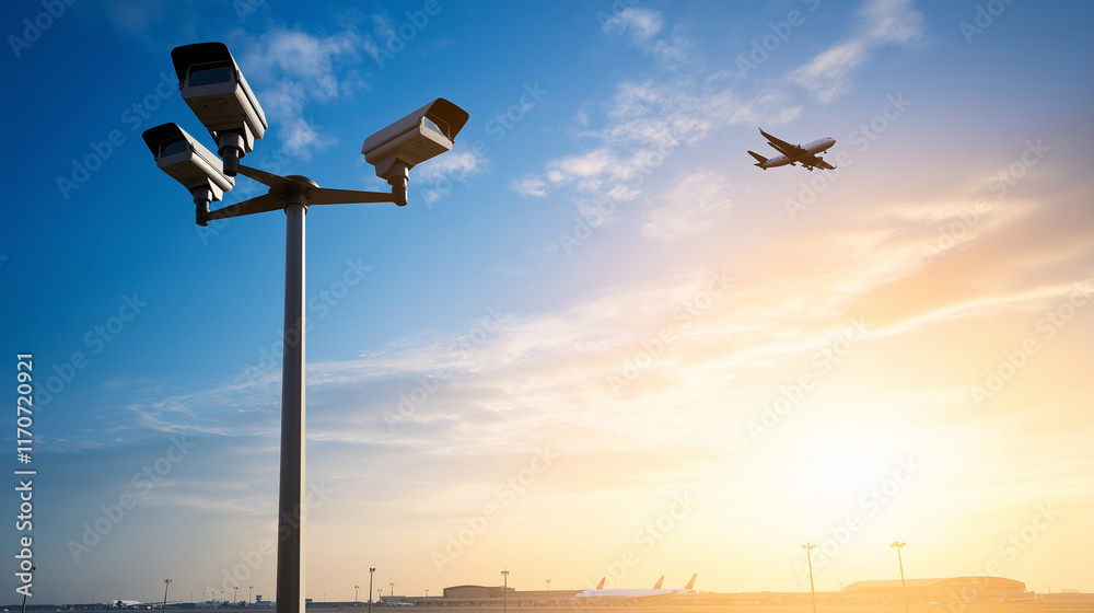 Multiple security cameras monitoring an airplane taking off at sunset near an airport terminal Multiple security cameras monitoring an airplane taking off at sunset near an airport terminal