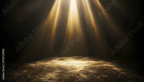 Gold particles on black background, with golden light rays shining down from the top of the screen.