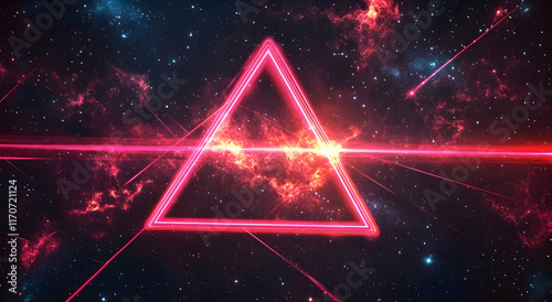 Neon red and pink triangles in the shape of an isosceles triangle, with laser beams shooting out from behind, against a dark background with stars and galaxies
