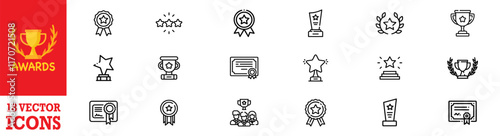 Set of winning award and prize icons, trophy reward, victory trophy signs depicting an award, victory cup achievement, winner medal. Vector Illustration. Vector Graphic. EPS 10