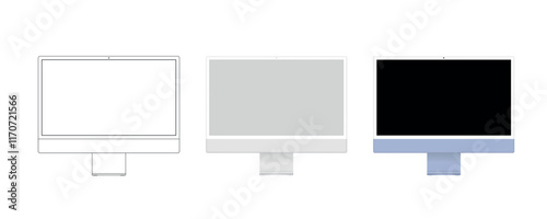 Computer in linear, realistic clay style Blank computer monitor template on white background