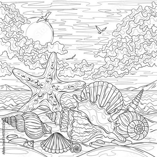Shells and starfish on the seashore.Coloring book antistress for children and adults.