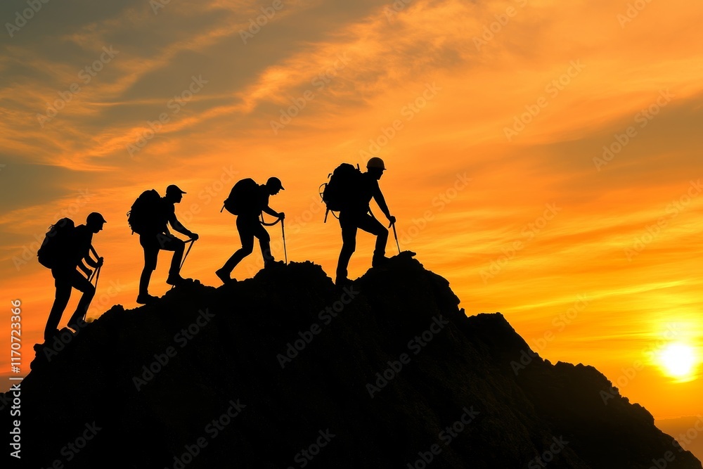 Fototapeta premium Silhouetted Climbers Ascending Mountain at Sunset for Business Themes