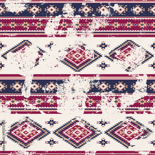 Grunge Native American traditional fabric patchwork wallpaper vintage vector seamless pattern for shirt fabric wrapping carpet rug tablecloth pillow distressed effect in separate layer