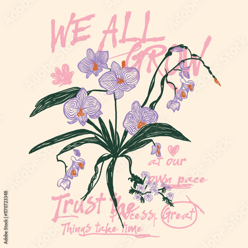 flower graphic in vector, Good Vibes text print. girls graphics. grunge texture.  font . hand writing text. summer t shirt design. summer tropical flowers printed t-shirt design.