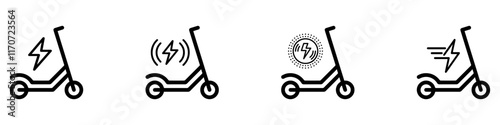 Electric scooter charge battery . Electric kick scooter. Electric scooter icons. Scooter icon set. Electric scooter battery icons. Vector Illustration. Vector Graphic. EPS 10