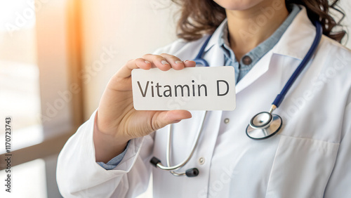 Doctor in white coat with stethoscope holds vitamin D sign in hand - close-up
