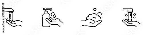 Hand washing icons set. Healthcare wash hands process with rinse water, tap, soap, towel and safety icons. EPS 10