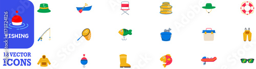 Fishing icon set. Fishing tackle vector icon set. Everything for fishing. Hobby icon set. Vector Illustration. EPS 10