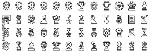Set of winning award and prize icons, trophy reward, victory trophy signs depicting an award, victory cup achievement, winner medal. Awards icon vector set. trophy illustration sign collection. EPS 10