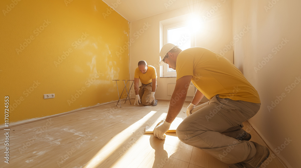 Fototapeta premium Construction workers installing wooden parquet flooring in sunlit apartment with yellow walls, focusing on precise placement and alignment