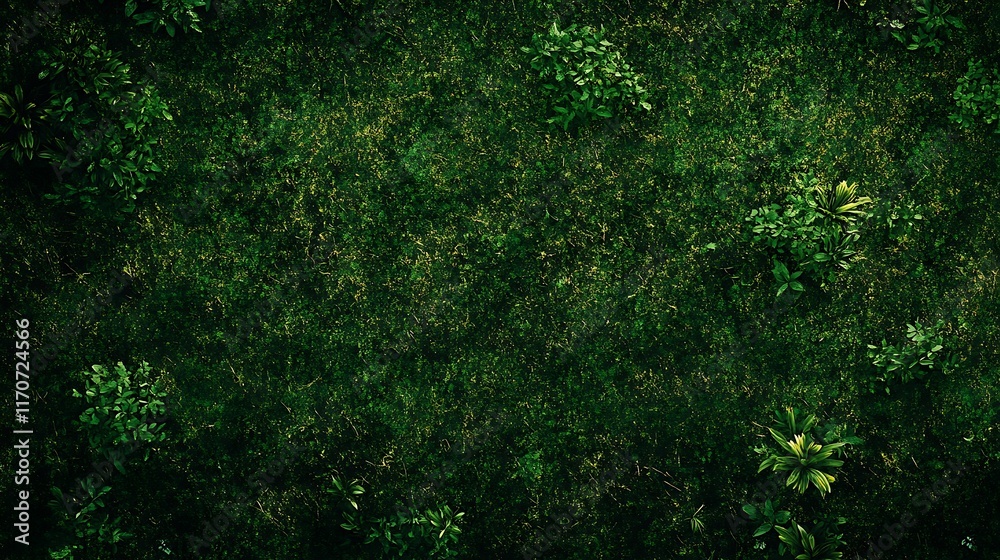 Overhead view of a lush green grassy area with small plants scattered throughout. Overhead view of a lush green grassy area with small plants scattered throughout.